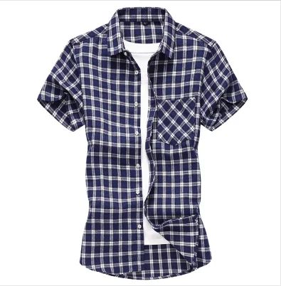2025 new red summer men's shirts short-sleeved plaid fat big yards youth casual shirt.