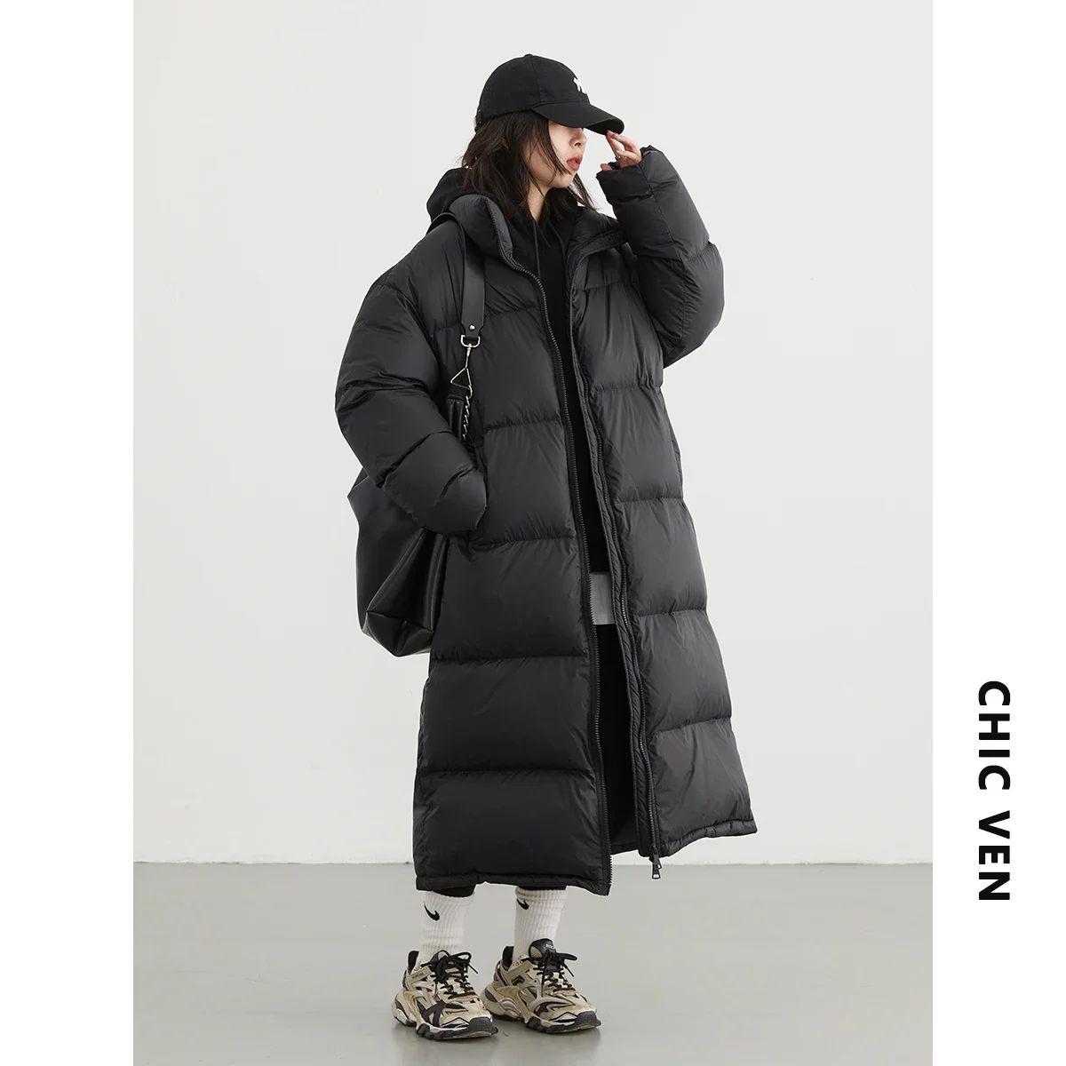 CHIC VEN Women Down Coats New Long Thick Warm Down Jackets Overcoat White Duck Down Loose Casual Jacket Autumn Winter 2023