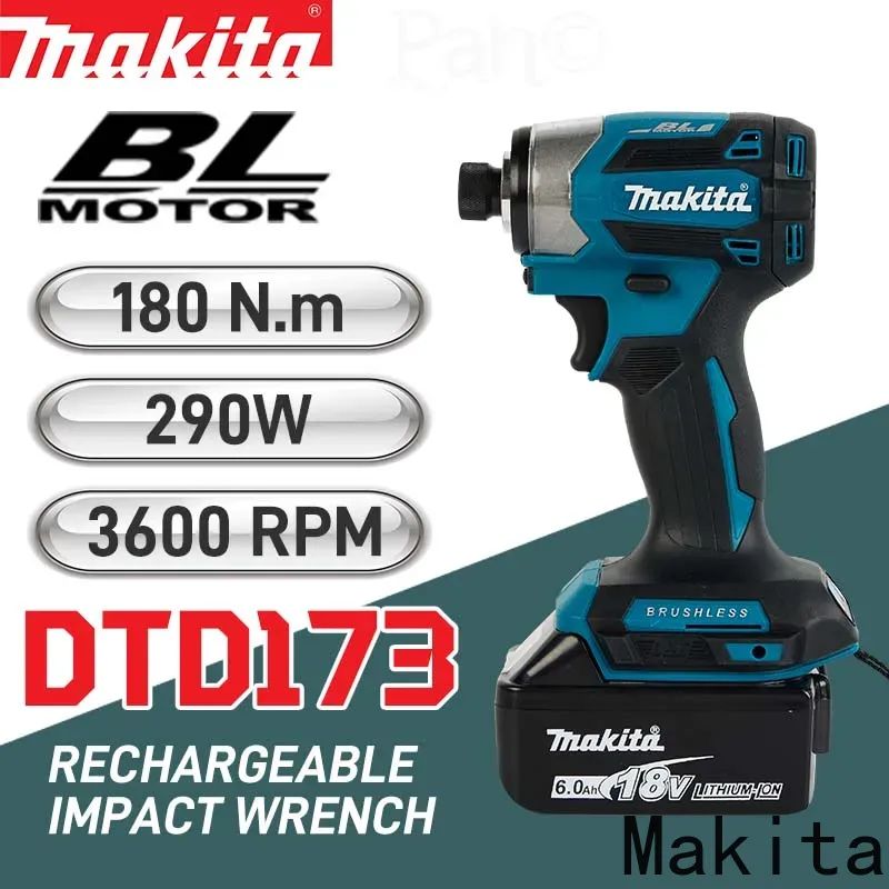 Parafusadeira de Impacto sem Fio Makita 18V LXT DTD173 Motor Brushless Furadeira Elétrica Parafusadeira Modo Madeira/Parafuso T1/T2 Luz LED Dupla 180 N·m