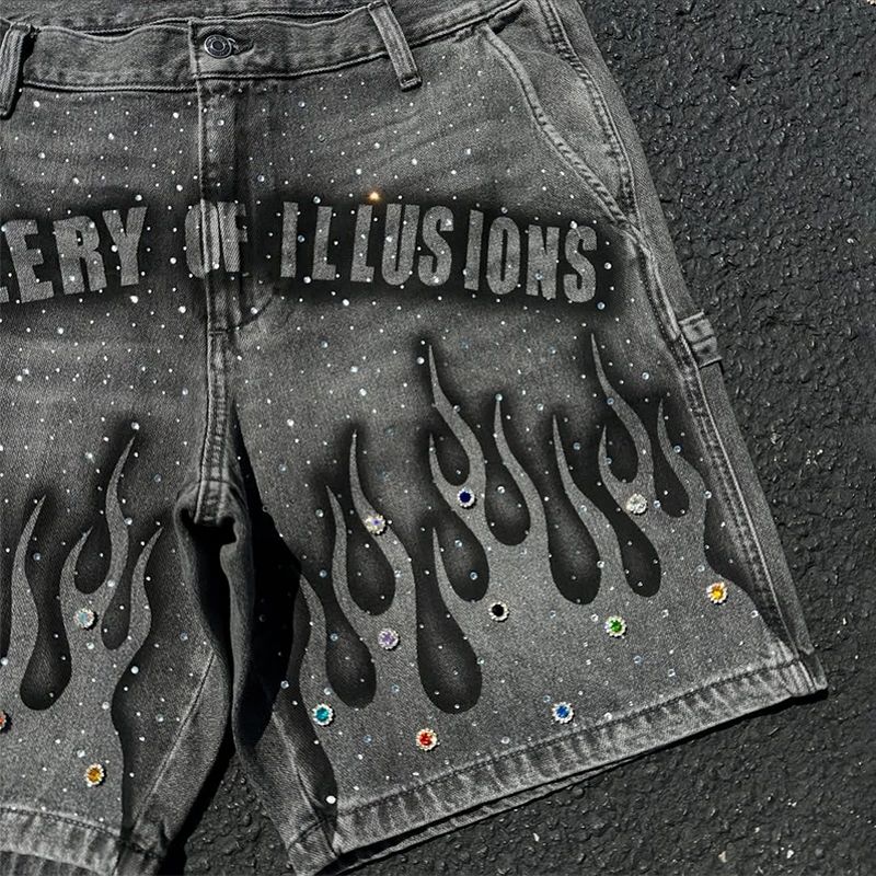 Goth Print Silk Jeans Men Shorts Street Harajuku Hiphop Vintage High Waited Denim Shorts of Men Clothing Casual Loose Pants Mens
