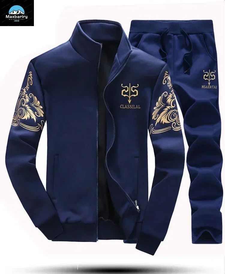Winter Men's Sports Suit with Fleece and Warm Standing Collar Jacket+men's Drawstring Sports Pants Fashionable Printed Men's Set