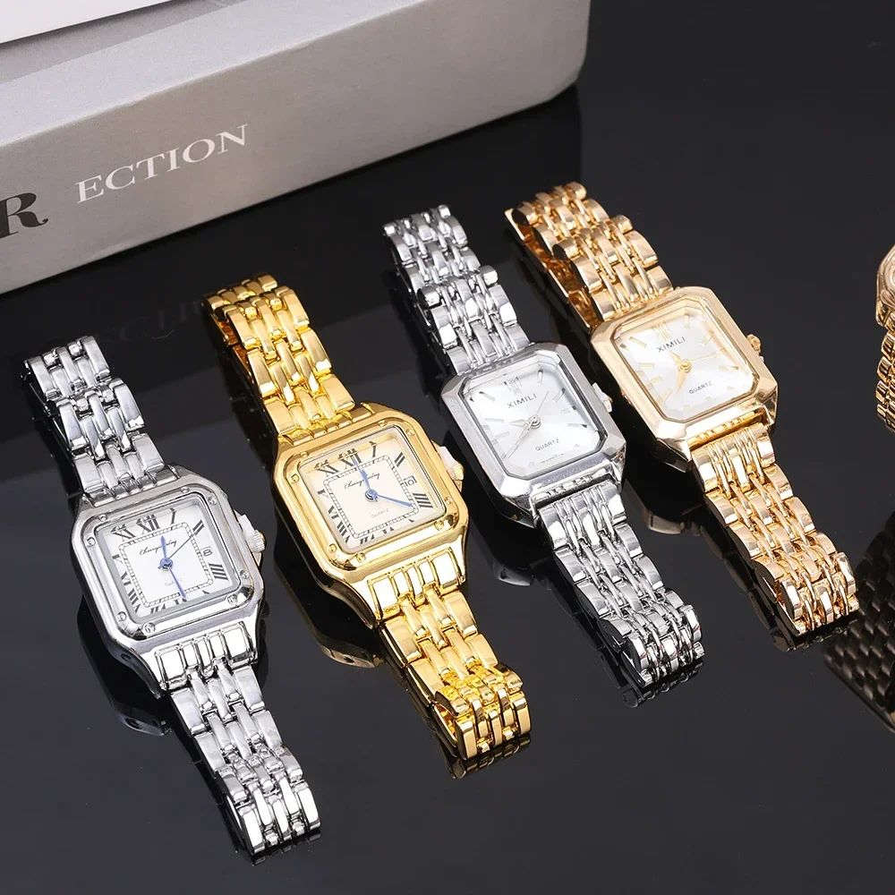 Women New Fashion Square Watches Gold Stainless Steel Strap Luxury Ladies Quartz Wristwatches Qualities Female Roman Clock Gift