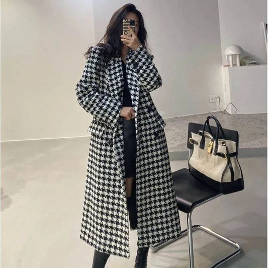 Women Autumn Winter Woolen Coat 2025 New Women Double Breasted Coat Korean Houndstooth Mid-Length Woolen Coat Lady Winter Jacket