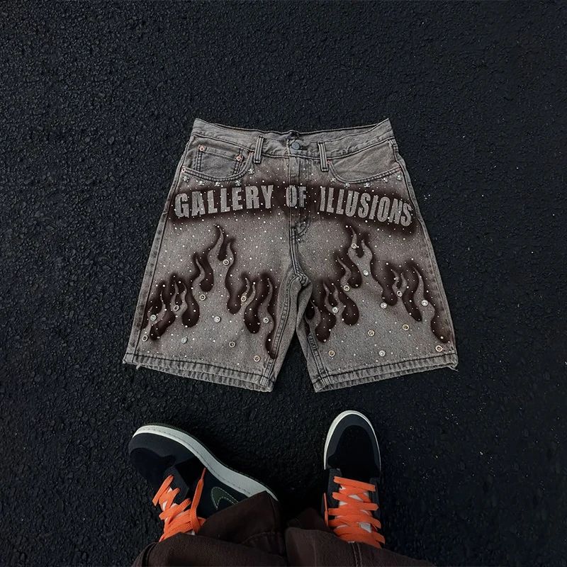 Goth Print Silk Jeans Men Shorts Street Harajuku Hiphop Vintage High Waited Denim Shorts of Men Clothing Casual Loose Pants Mens