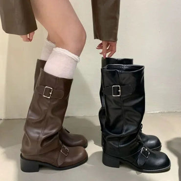 Woman Boots Knee High Platform Chunky Heels Trend Punk Gothic New Rock Leather Fashion Women's Shoes Motorcycle Footwear