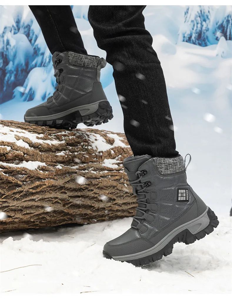 New Warm Plush Men's Snow Boots Lace Up High Top Men's Boots Waterproof Winter Ankle Boots Outdoor Anti-Slip Men Hiking Boots