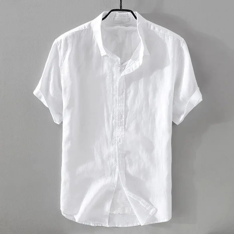 Short Sleeve Linen Shirt Men Simple Casual Retro Loose Style Youth Thin Basic Half Sleeve Cotton Linen Clothing