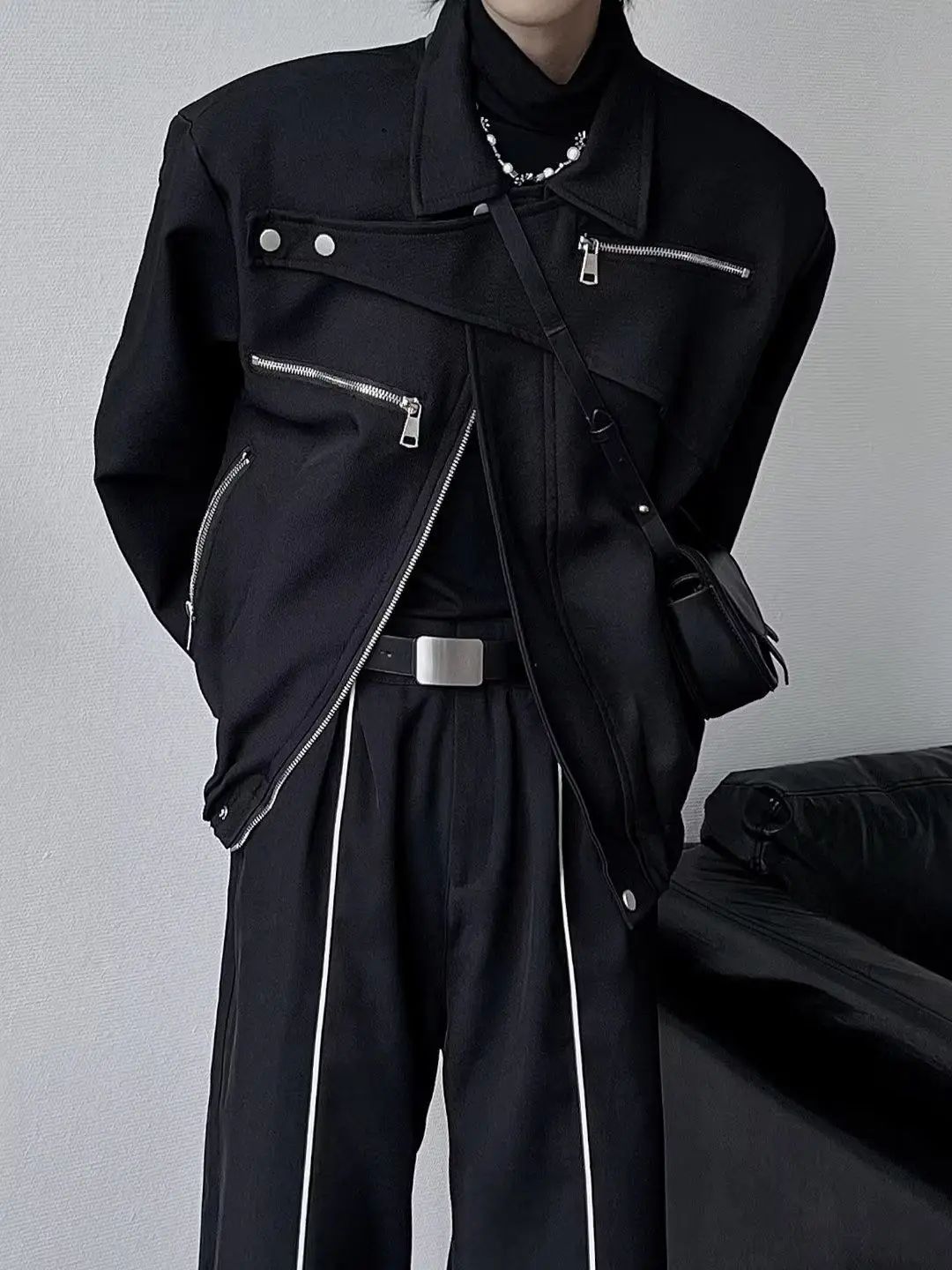 Yamamoto Dark Style Asymmetrical Design Short Lapel Zipper Deconstruction High-end Flying Jacket Jacket for Men