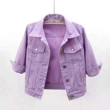 Women Spring Autumn Denim Jacket Tops Pink Color Solid Short Multicolor Feminino Three Quarter Sleeve Jean Jacket Size DURIKIES