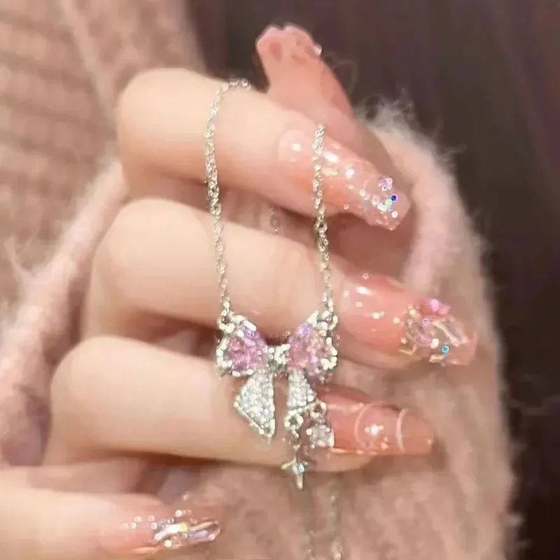 Colares de Pingente de Laço de Cristal Rosa Fada da Moda Y2K Meninas Doce Strass Coração Clavícula Cadeia Mulheres Jóias Presentes
