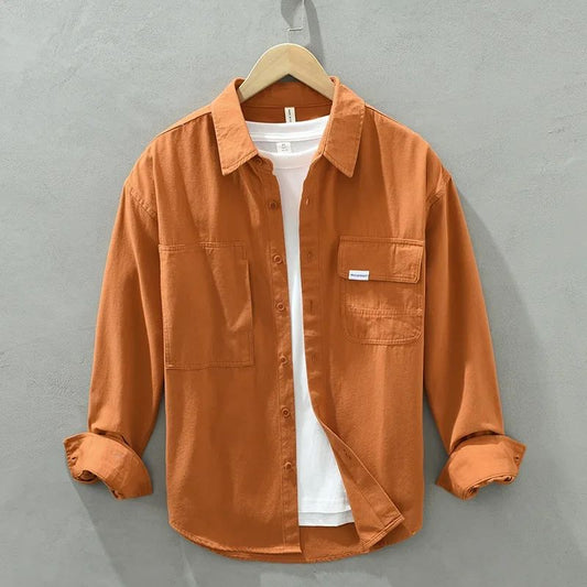 Camisa Cargo Masculina Primavera Outono Dois Bolsos Manga Longa Camisa Masculina Casual Algodão Puro Laranja Moda Japonesa Camisa Solta