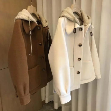 Plus Size Large Size Autumn Winter Women's Jacket with Hood Patchwork Fake Two-Piece Loose Coat Stylish And Elegant Outerwear