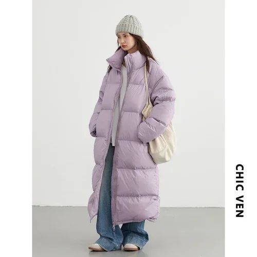 CHIC VEN Women Down Coats New Long Thick Warm Down Jackets Overcoat White Duck Down Loose Casual Jacket Autumn Winter 2023