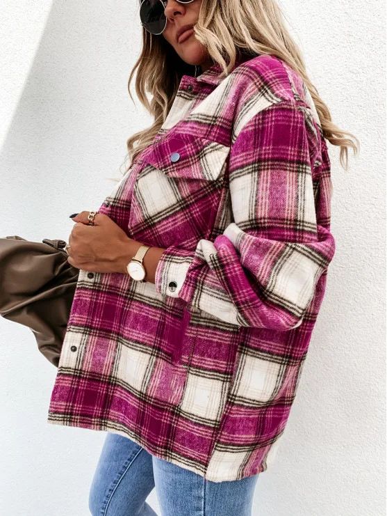 Warm Plaid Long Sleeve Shirt Jacket Autumn Winter Women's Polo Collar Patchwork Decorative Button Detailing Chinese Origin