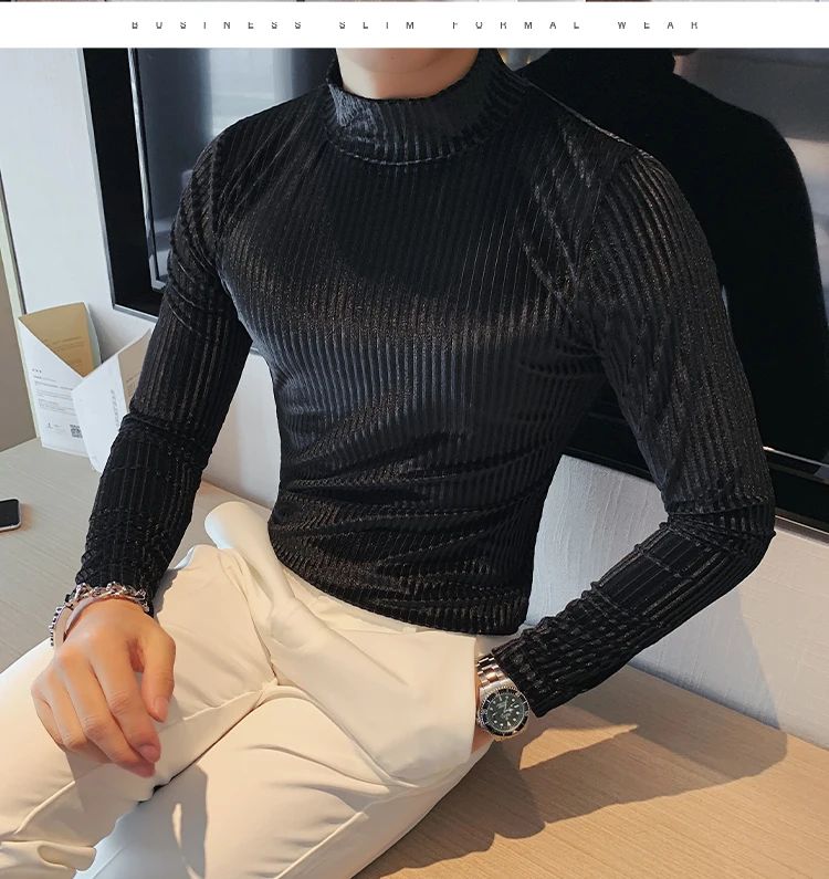 New Gold Velvet T Shirt Men Clothing Fashion Trend Male Luxury Prom Party Long-sleeved Striped Pullover Tops Homme