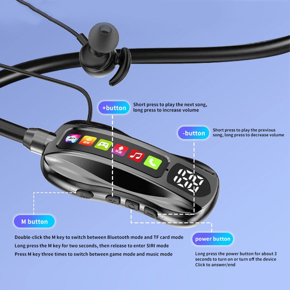 Wireless Headphones Bluetooth 5.4 Earphone HiFi Stereo Outdoor Sports Headset with Mic LED Display Neckband Earphones Earbuds