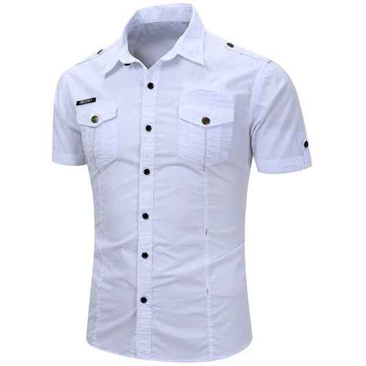 Euro Size White Short Sleeve Men's Uniform Shirt Safari Shirt Summer Casual 100% Cotton Cargo Outdoor Pocket Work Shirts for Men