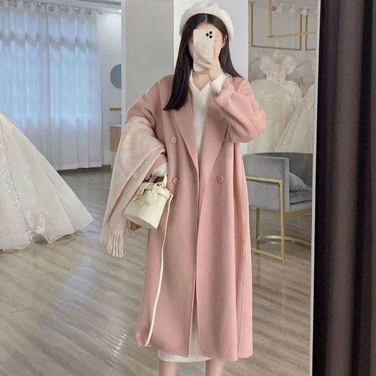 2024 New Winter Lady Lazy Style Baggy Mid-Long Thermal Woolen Coat Female Korean Version Concise Designer Versatile Coat Jackets