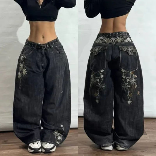 Streetwear Fashion New Pattern Embroidery Black Washed Baggy Jeans Female Y2K Gothic Hiphop Popular Casual Lovers Wide-leg Pants