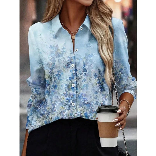 Plus Size Autumn New Women's New Fashionable Shirt Collar with Gradient Flower Print Comfortable Shirt
