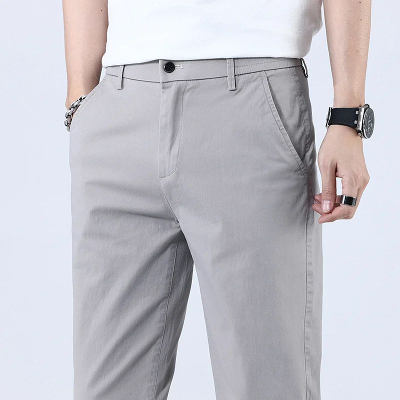 Casual Men Orange Loose Straight Business Pants Green Khaki Elastic Waist Trousers Soft Cotton Lyocell Fabric Korean Cargo Pants