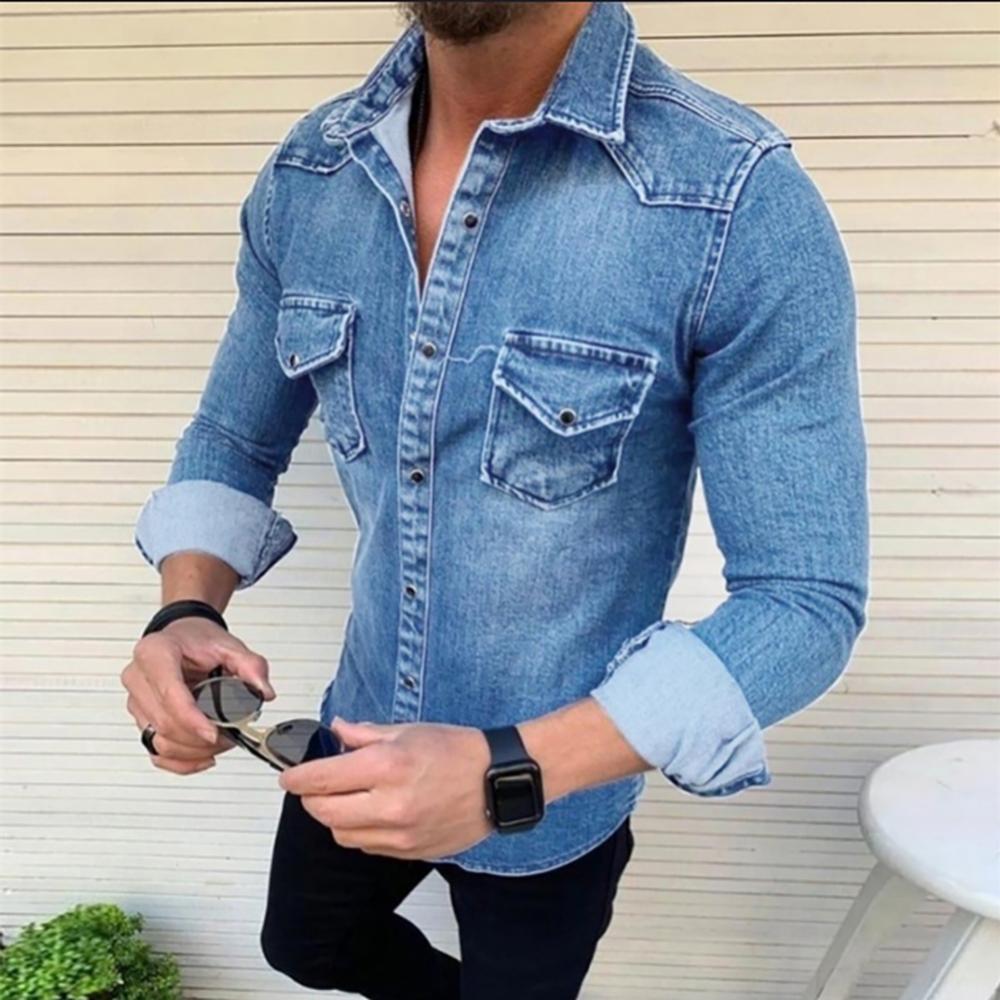 Spring Autumn Denim Shirts Men Top Long Sleeve Jeans Shirts for Men Single-breasted Casual Shirts chemise homme ??????? ???????