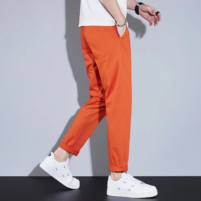 Casual Men Orange Loose Straight Business Pants Green Khaki Elastic Waist Trousers Soft Cotton Lyocell Fabric Korean Cargo Pants