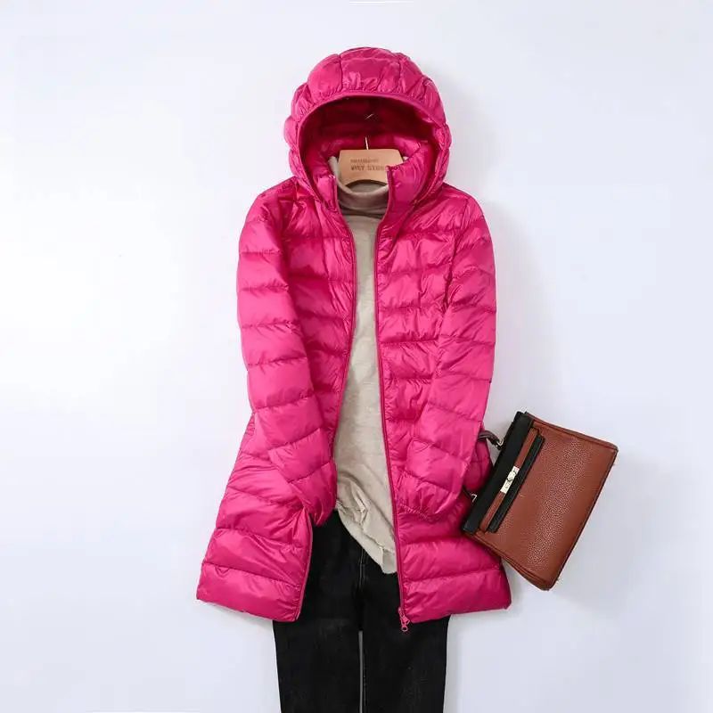Hoody Long White Duck Down Coat Autumn Winter Portable Hooded Puffer Down Jacket Women Casual Double Zipper Windproof Thin Light