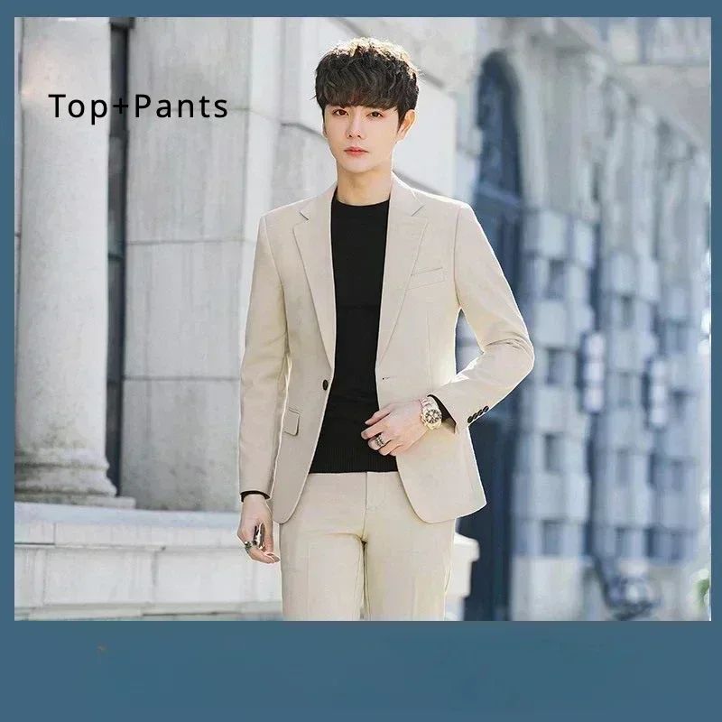 S-6XL Men's Business Casual Suit Korean Style Trendy Slim Fit 2 Piece Set Solid Color ?Blazer+ Pants )Groom Wedding Dress Party
