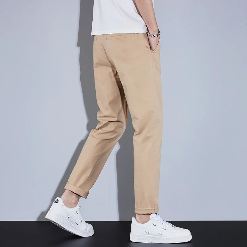 Casual Men Orange Loose Straight Business Pants Green Khaki Elastic Waist Trousers Soft Cotton Lyocell Fabric Korean Cargo Pants