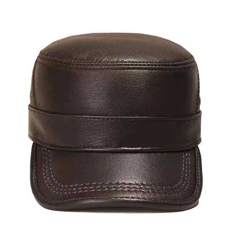 Genuine Leather Cap Men's Flat Caps Military Hat Elegant Man Baseball Cap British Vintage Cowhide Warm Hat Adjustable 55 60cm