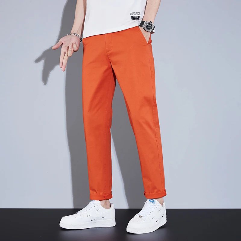 Casual Men Orange Loose Straight Business Pants Green Khaki Elastic Waist Trousers Soft Cotton Lyocell Fabric Korean Cargo Pants