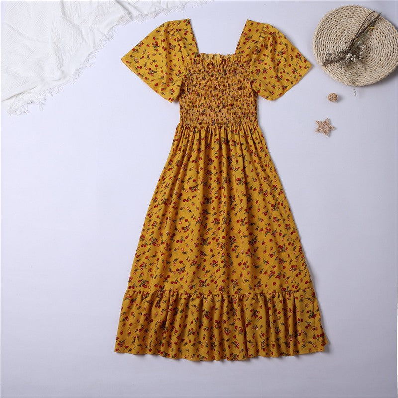 Spring Summer Chiffon Dress Women Midi DressesFemale Short Sleeve Elastic Waist