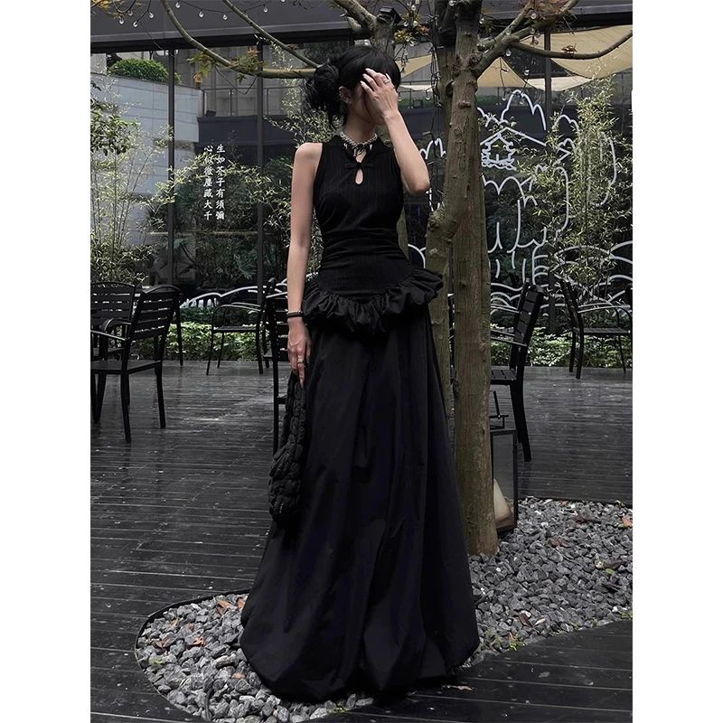 MEXZT Vintage Black Long Dress Women Party Prom Ruffles Sleeveless Maxi Dresses
