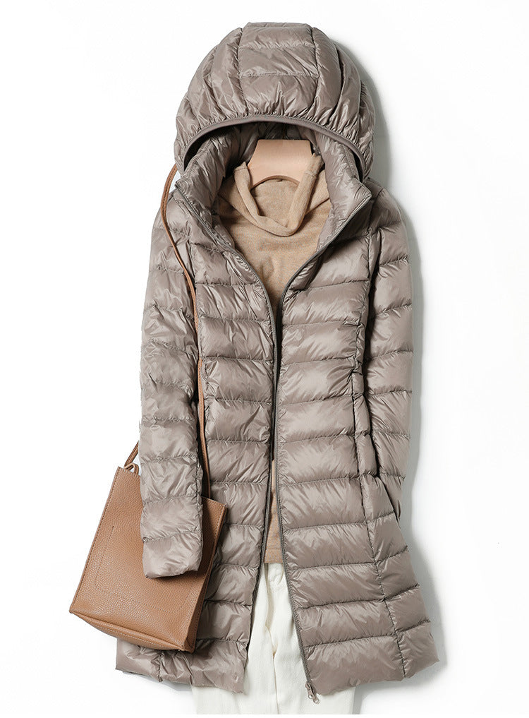 Korean Fashion Slim Remove Hooded Parka Fashionable Outerwear 2023 Winter Womens Down Jackets Long Light Thin Coat Puffer Jacket