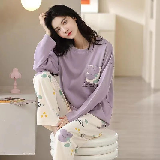 Pyjamas Set for Women's Plus Size Student Long Sleeve Spring and Fall Loungewear Ladies Simple Loose Homewear Casual Sleepwear