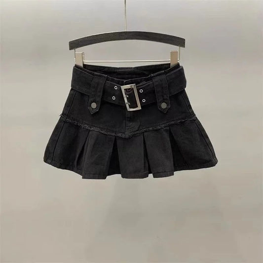 Gothic High Waisted Retro Y2k Skirt Letter Embroidery Patchwork Zipper Denim Ple