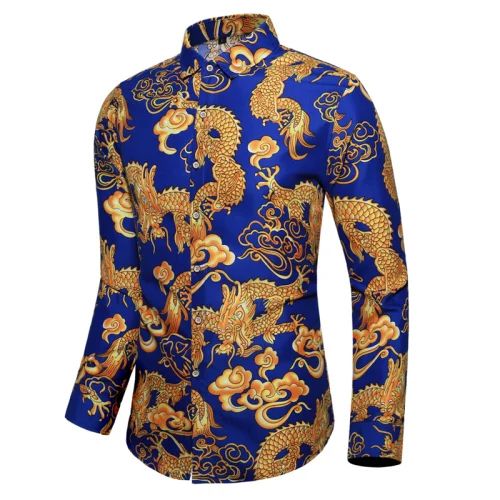 Thin Black Men's Long-sleeved Printed Shirt, Chinese Dragon Print Decoration, Blue Single-breasted Lapel Shirts,Asian Size M-7XL