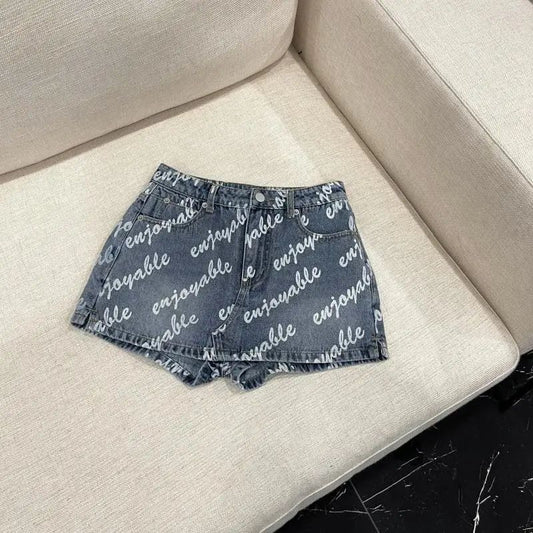 Female Sexy Vintage Letter High Waist A-line Skirt Summer All-match Fashionable Slim Buttons Zipper Denim Short Skirt Women