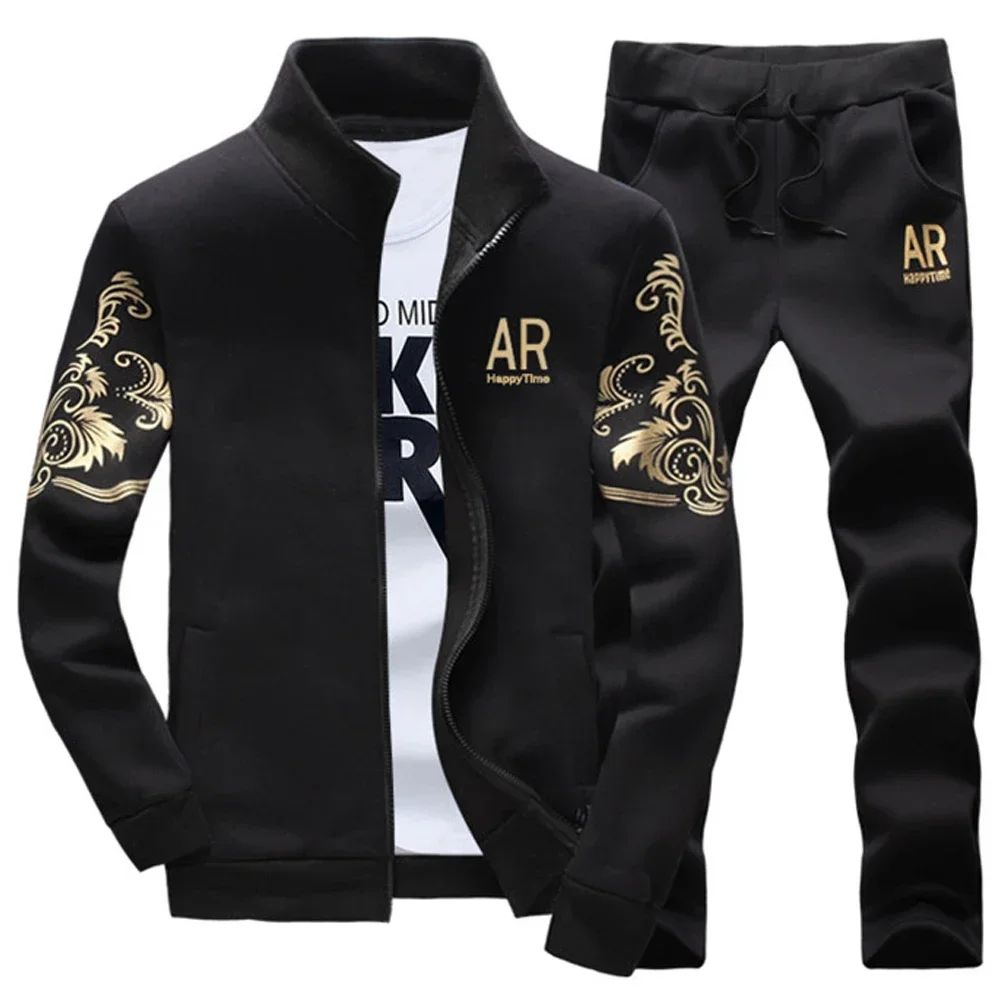 Winter Men's Sports Suit with Fleece and Warm Standing Collar Jacket+men's Drawstring Sports Pants Fashionable Printed Men's Set