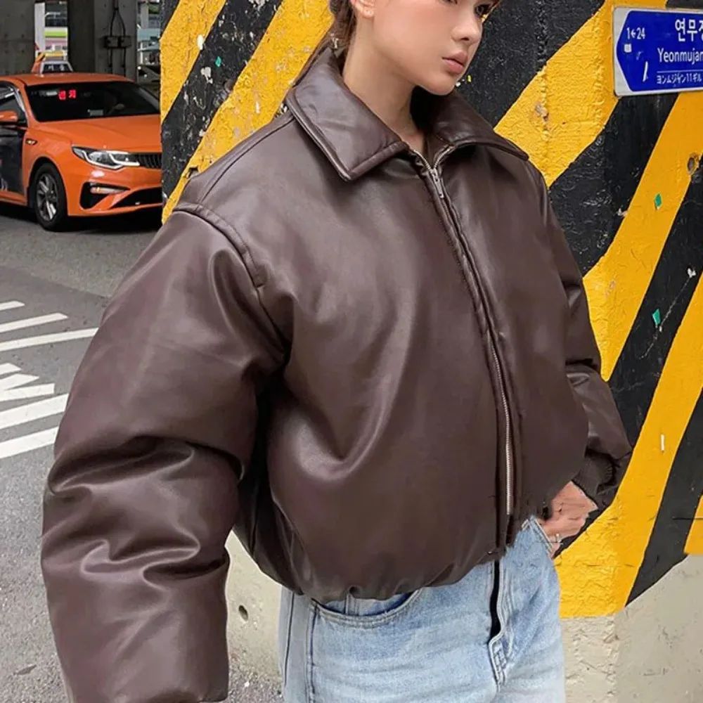 2025 Fall Winter Faux Leather Jacket for Women Oversized Streetwear Cotton Padded Parkas Short Bomber Coat Warm