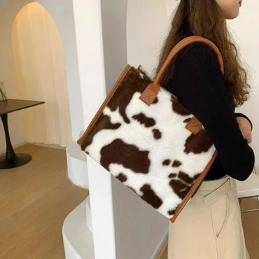 New Women Soft Plush Hand Bag New Winter Leopard Cow Print Tote Bags Female Pu Leather Underarm Bags Furry Fluffy Shoulder Bag