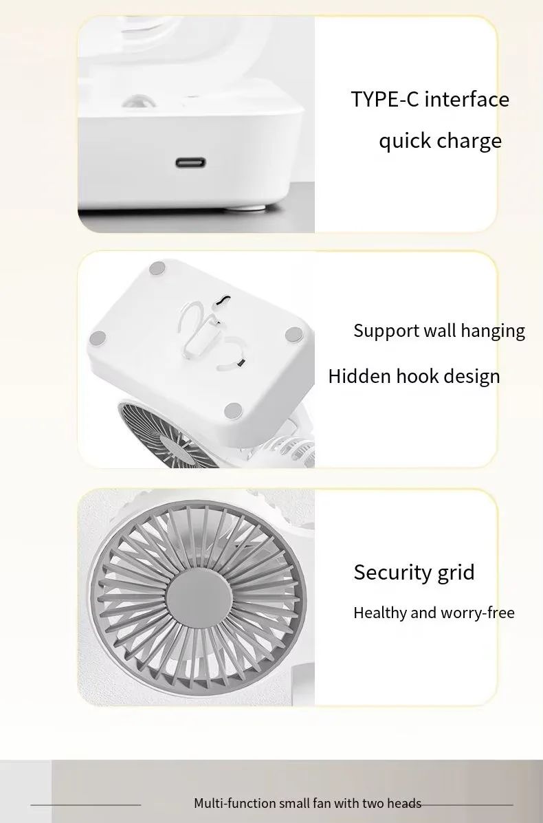 Multi Function Double Head Shaking Fan with 4 Gears Adjustable Speed HD Digital Display Night Lights Portable Cooling Fan