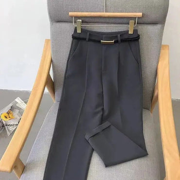 Elegant Summer Casual Pants Women Fashion Solid Color Sashes Slim Straight Trousers Chic Business Mujer Retro Belt Korean Style