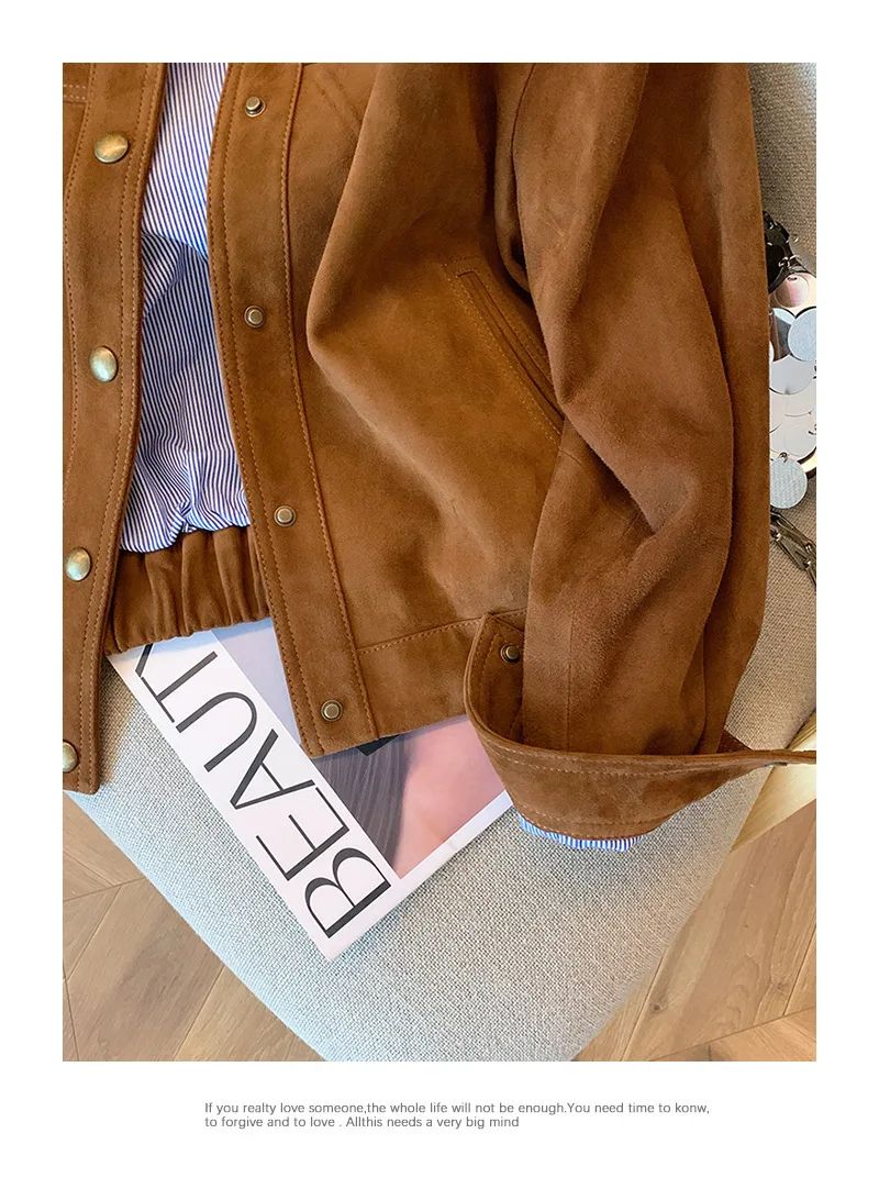 Retro Brown Suede Short Jacket Women's Spring Autumn Casual Loose Design Sense Meral Jacket Top round Neck Full Sleeve