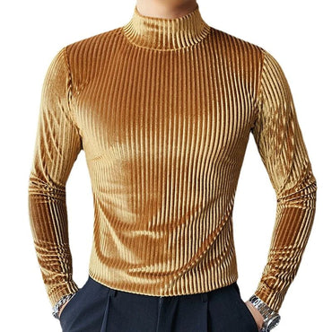 New Gold Velvet T Shirt Men Clothing Fashion Trend Male Luxury Prom Party Long-sleeved Striped Pullover Tops Homme