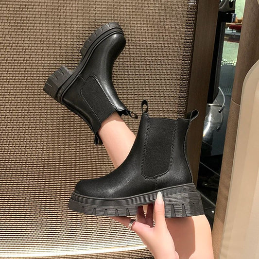 Autumn and Winter New Round Toe Low Heel Women's Boots Chelsea Motorcycle Boots Solid Color Breathable Casual Women's Boots