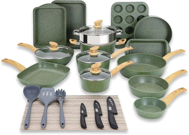 Pots and Pans Set Nonstick, 30 Pieces Induction Kitchen Cookware and Bakeware Sets, Green Granite Coating Cooking Pans Set