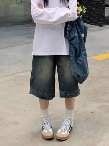 Y2K Vintage Baggy Jean Shorts Womens Washed Wide Leg Capri Pants Casual Barrel Jeans Denim Shorts Mens Oversized Jorts