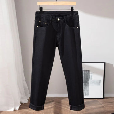 PL Jeans Masculinos Estilo Europeu de Alta Qualidade Pure Black Slim Fit Suaviza Sua Silhueta Perna Reta Calças Casuais Para Outono/Inverno